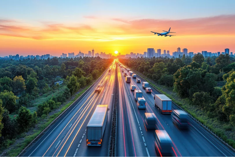 starkbefahrene mehrspurige Autobahn